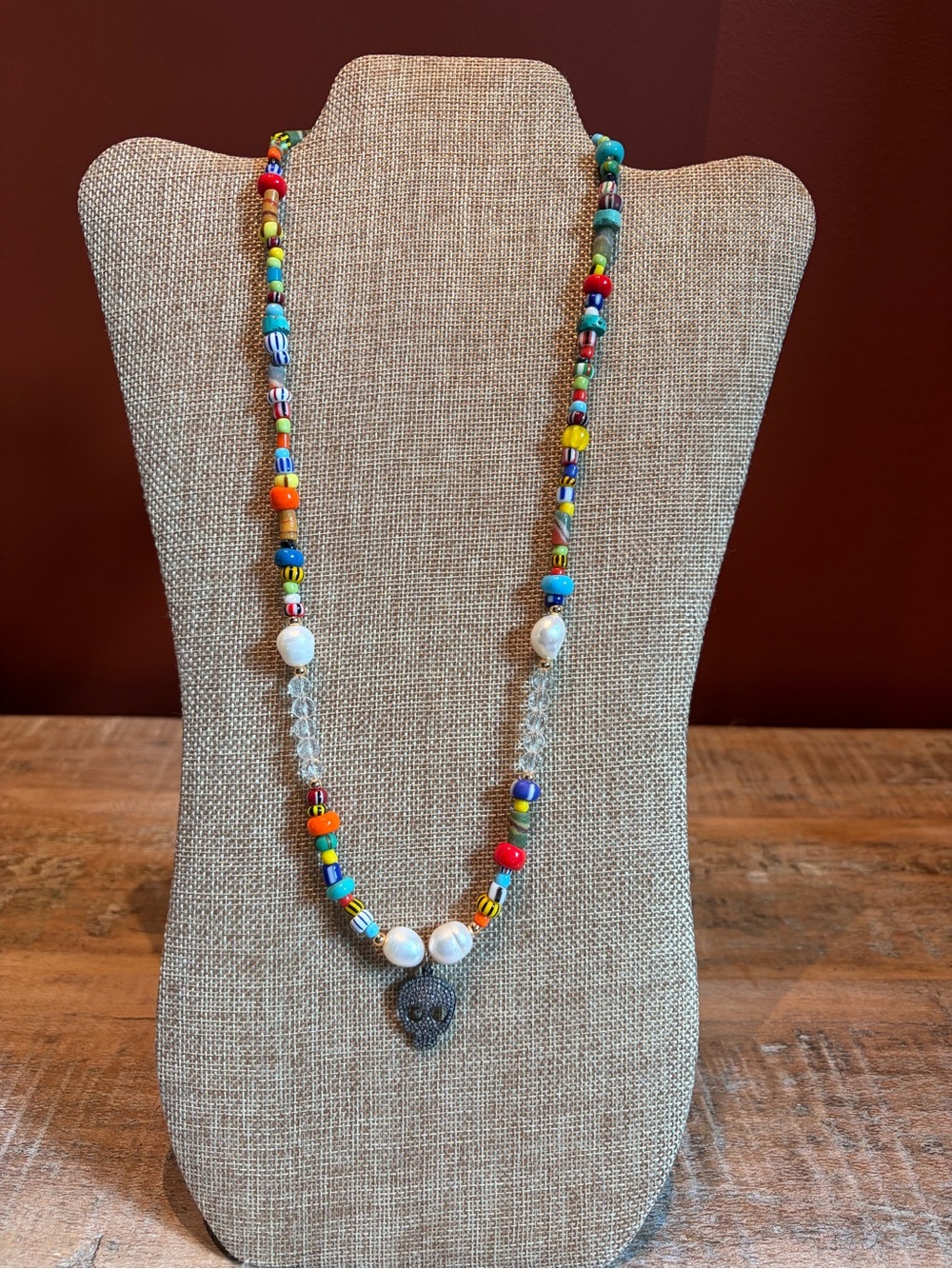 Colorful Beaded Necklace with Pearl Accents and Pave Diamond Skull 💀 Pendant
